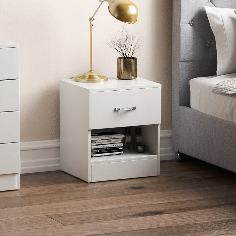 (White) Riano 1 Drawer 1 Shelf Bedside Chest Nightstand