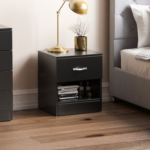 Home Discount (Black) Riano 1 Drawer 1 Shelf Bedside Chest Nightstand 1