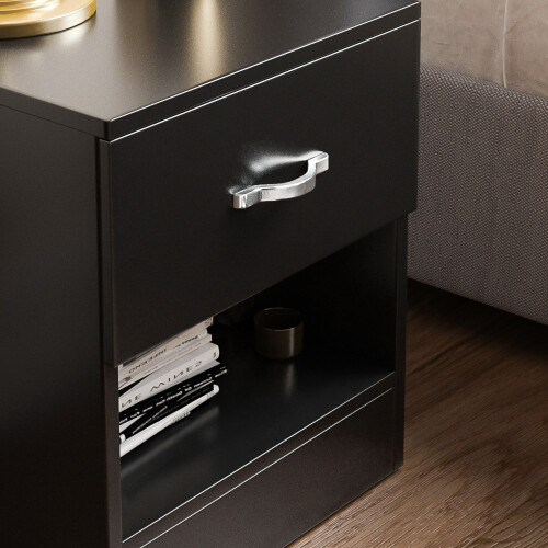 Home Discount (Black) Riano 1 Drawer 1 Shelf Bedside Chest Nightstand 2