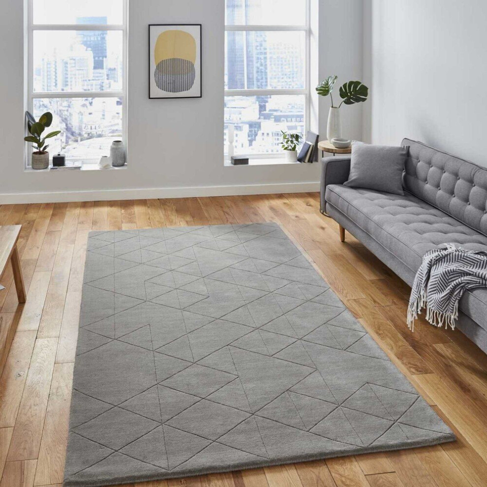 (120x170cm) Modern Kasbah KB2025 Geometric Wool Rugs in Grey Soft Hand Made Mats