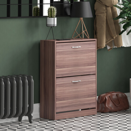 Vida Designs (Walnut) 2 Drawer Shoe Cabinet Pull Out Hallway Storage