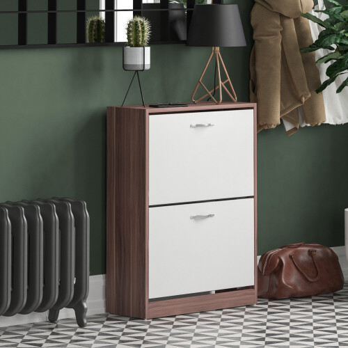 Vida Designs (Walnut & White) 2 Drawer Shoe Cabinet Pull Out Hallway Storage
