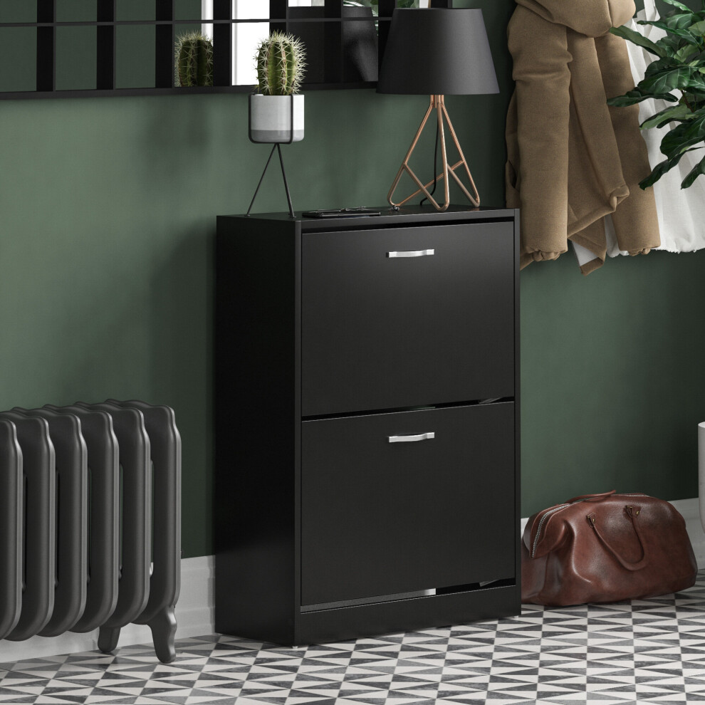 (Black) 2 Drawer Shoe Cabinet Pull Out Hallway Storage