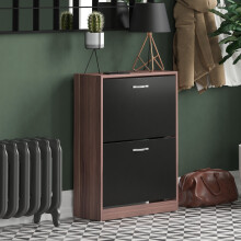 (Walnut & Black) 2 Drawer Shoe Cabinet Pull Out Hallway Storage