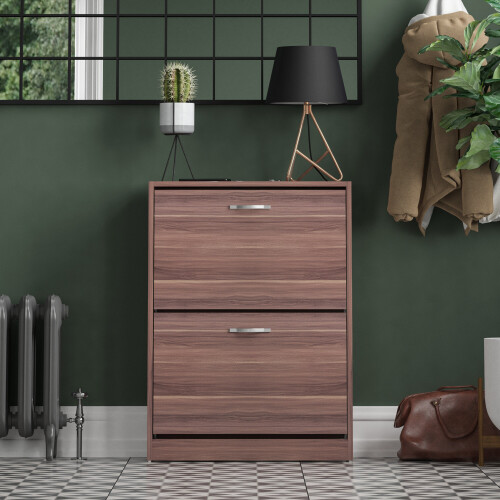 Vida Designs (Walnut) 2 Drawer Shoe Cabinet Pull Out Hallway Storage 1