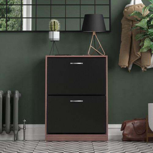 Vida Designs (Walnut & Black) 2 Drawer Shoe Cabinet Pull Out Hallway Storage 1
