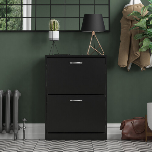 Vida Designs (Black) 2 Drawer Shoe Cabinet Pull Out Hallway Storage 1