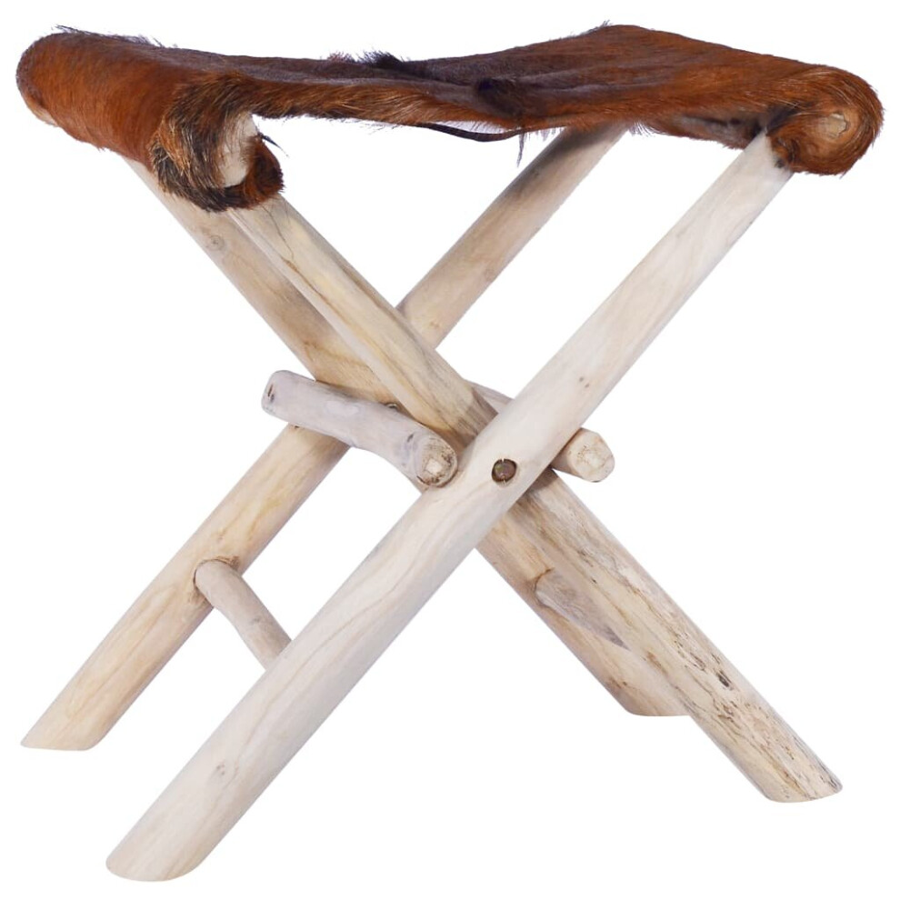 Vidaxl Solid Teak Wood Folding Stool Real Leather Collapsible Dining Chair Brown