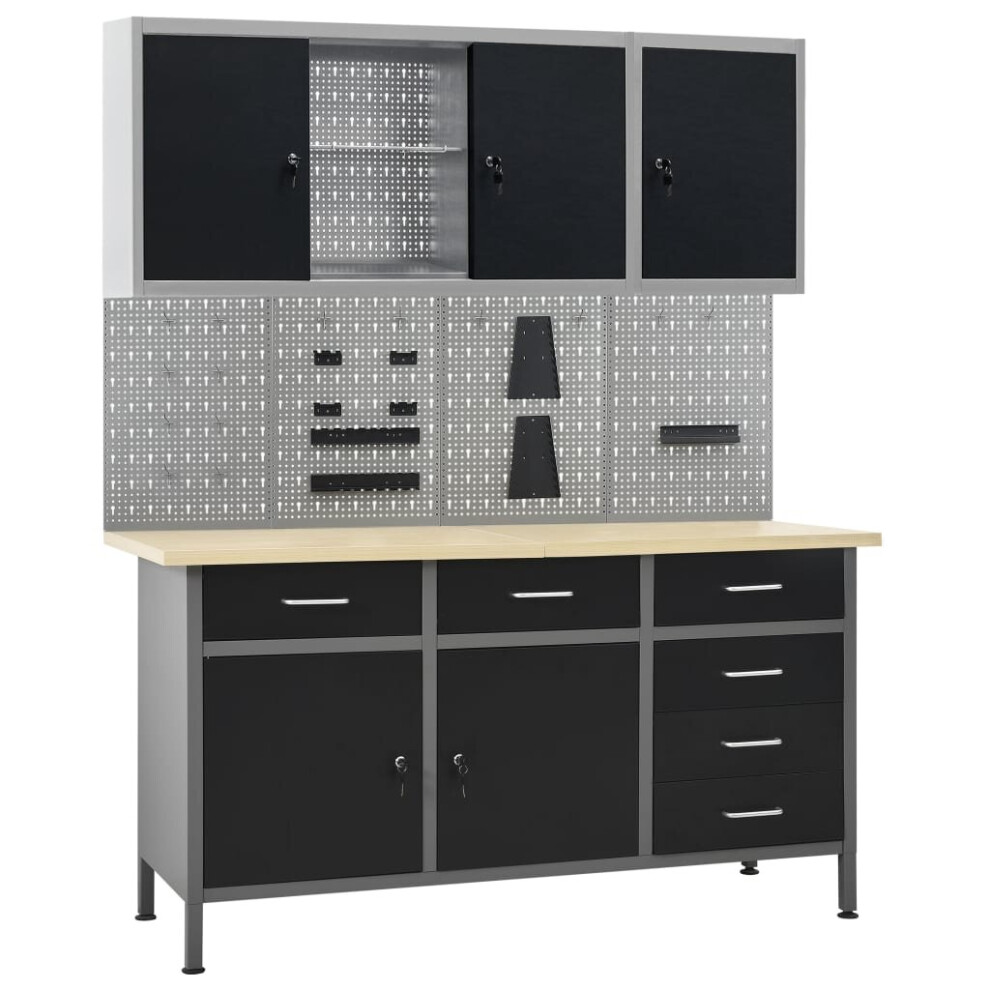 vidaXL Workbench with Four Wall Panels and Two Cabinets Work Table Workstation