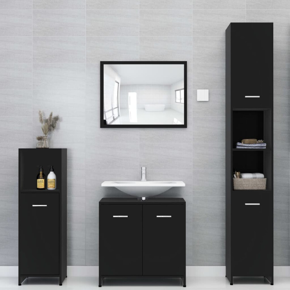 vidaXL Bathroom Furniture Set 4 Piece Black Engineered Wood Storage Cabinet