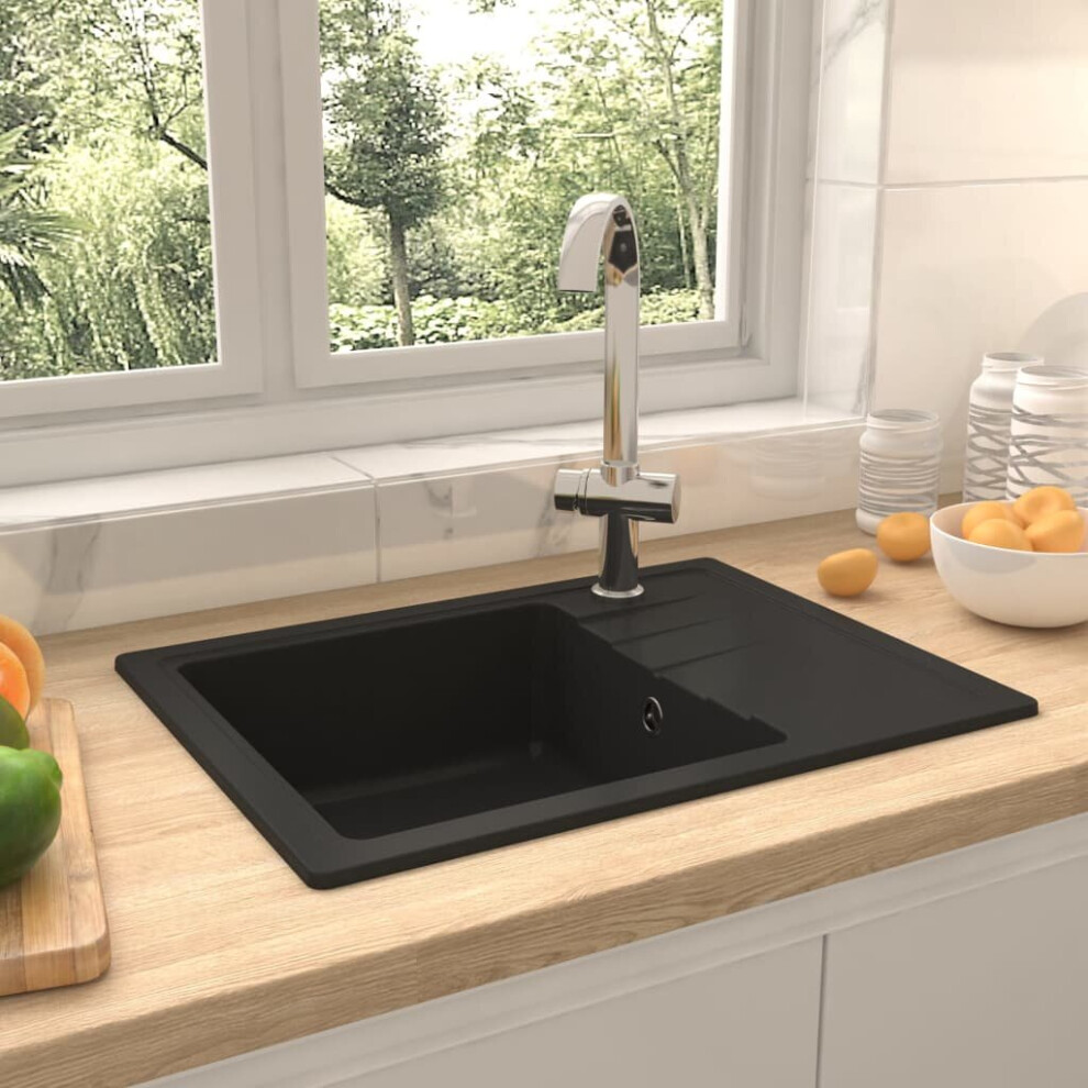 vidaXL Kitchen Sink with Overflow Hole Oval Black Granite Drainer Waste Kit