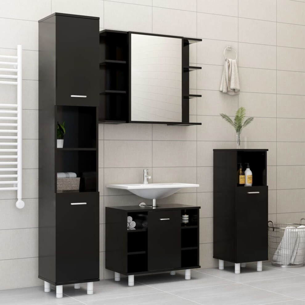 vidaXL Bathroom Furniture Set 3 Piece Black Engineered Wood Cabinet Mirror
