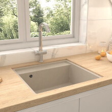 vidaXL Kitchen Sink with Overflow Hole Beige Granite Single Bowl Waste Kit
