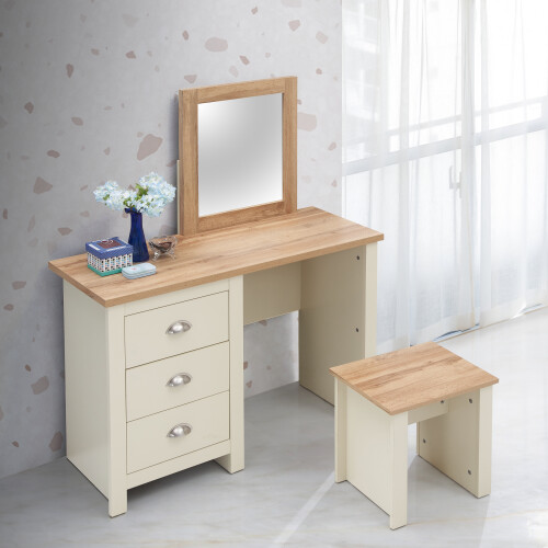 Timber Art Design UK Lisbon Dressing Table 3 Drawer Set Cream Makeup Desk Stool Mirror