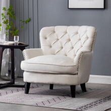 Classic Linen Buttoned-Back Armchair on Solid Wood Legs - Plush, Supportive, Timeless Beige
