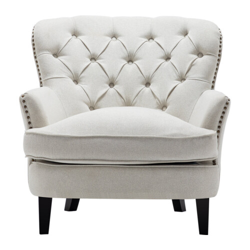 Living And Home Classic Linen Buttoned-Back Armchair on Solid Wood Legs - Plush, Supportive, Timeless Beige 2