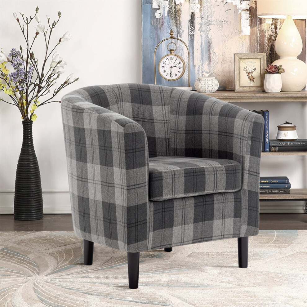 Tub Chair Tartan Fabric Armchair Wing Back Accent Chair