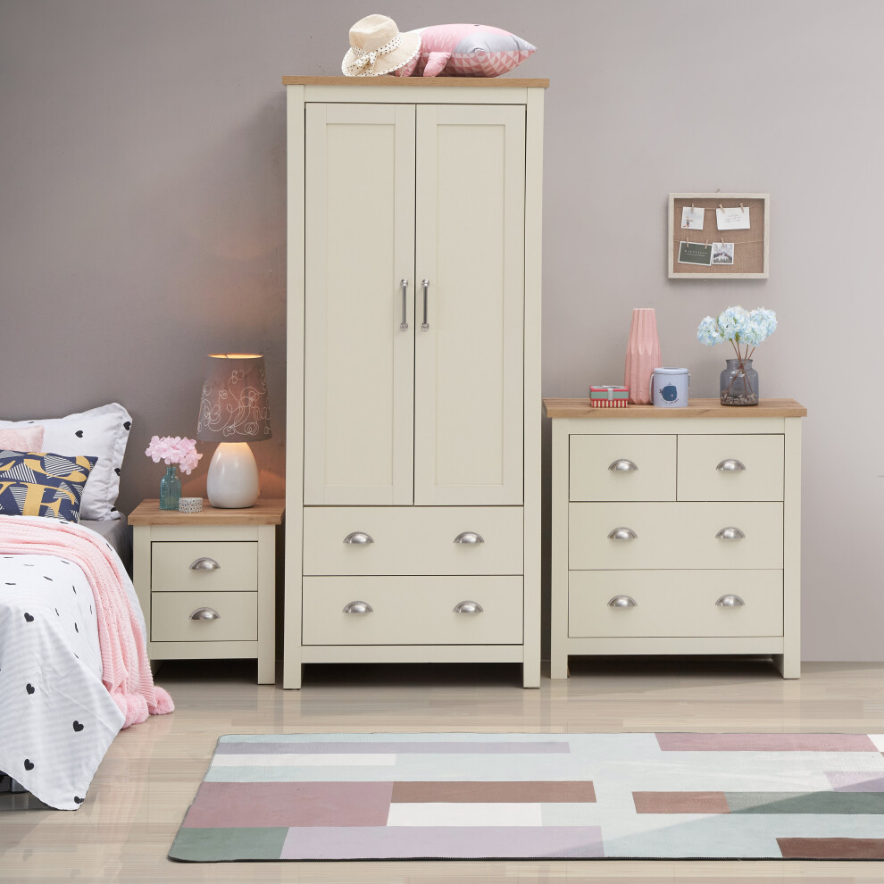 3 Piece Set (2 Door Wardrobe, 2+2 Chest, 2 Drw Bedside) Cream