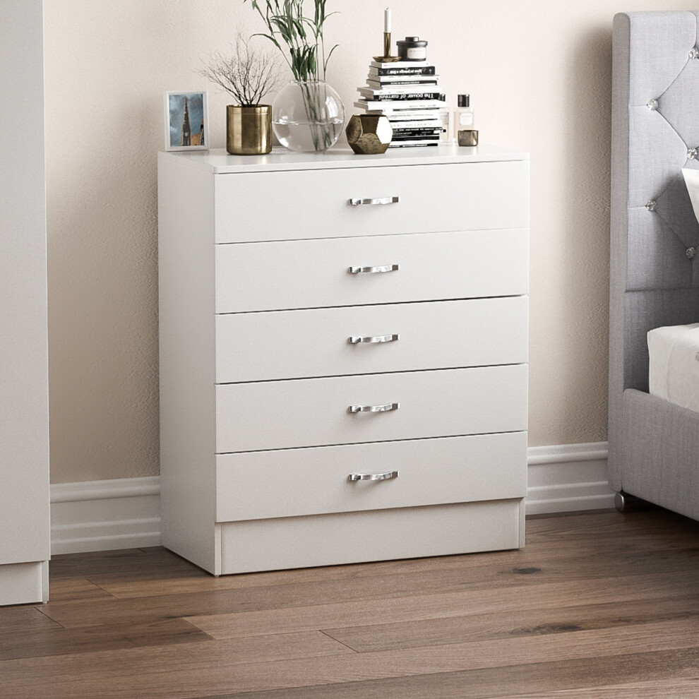 (White) Riano 5 Drawer Chest of Drawers Bedroom Storage Unit