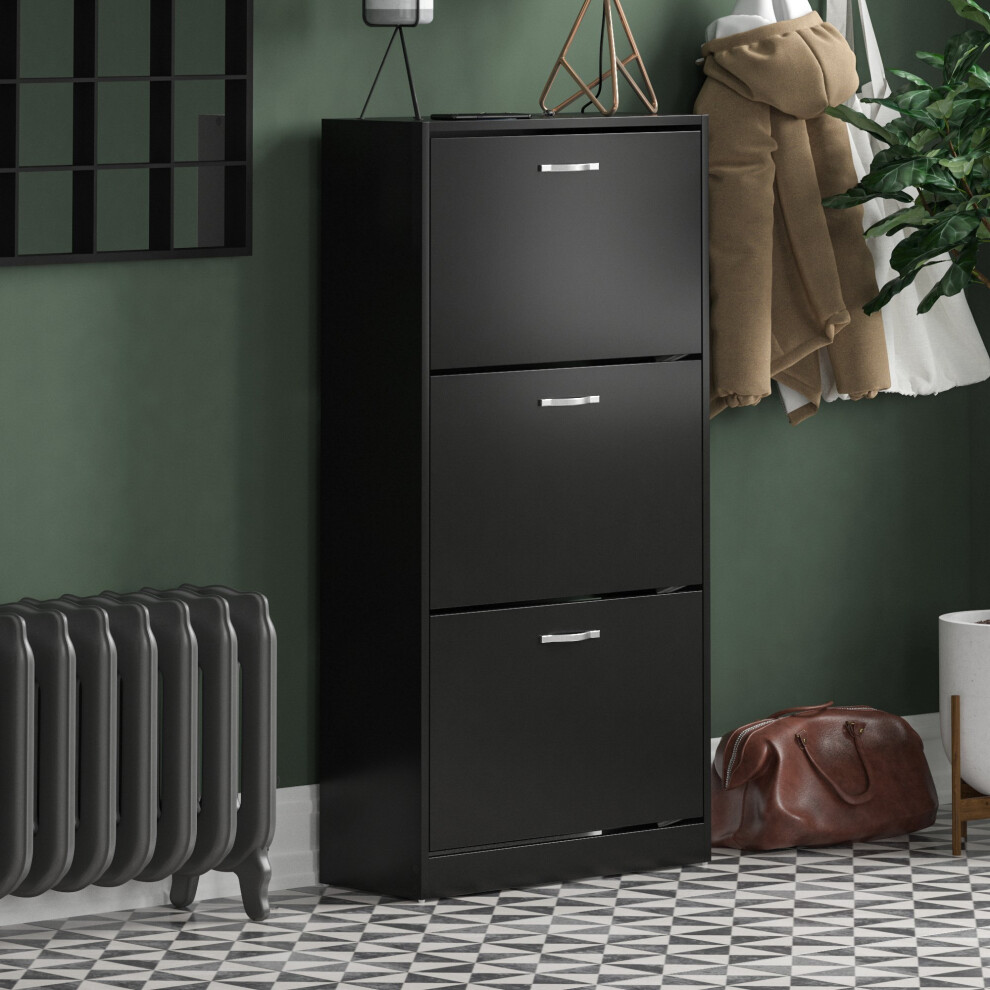 (Black) 3 Drawer Shoe Cabinet Pull Out Hallway Storage