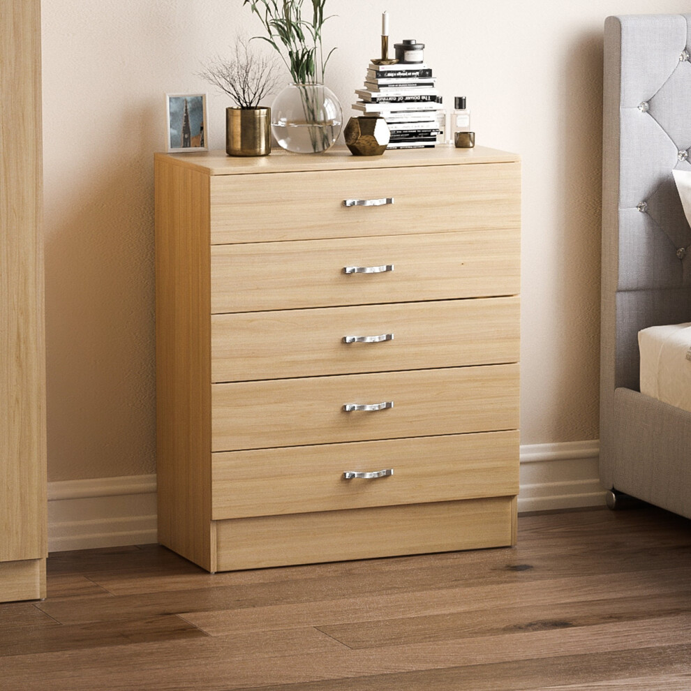 (Pine) Riano 5 Drawer Chest of Drawers Bedroom Storage Unit