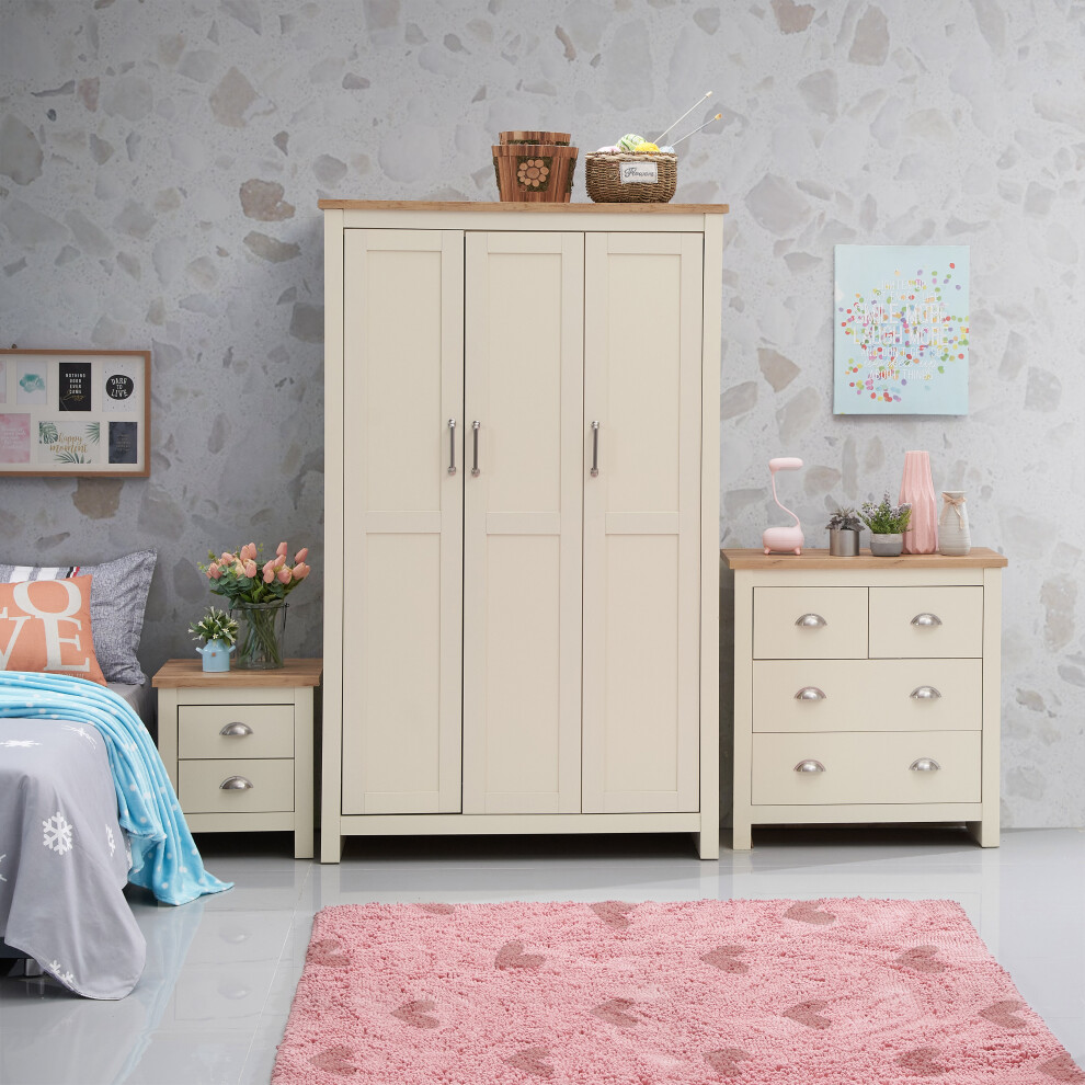 3 Piece Set (3 Door Wardrobe, 2+2 Chest, 2 Drawer Bedside) Cream