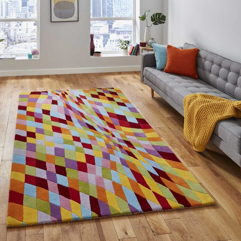 (120x170cm) Modern Prism PR101 Geometric Wool Rugs in Multi Vibrant Soft Mats