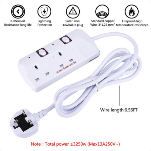 Rallonge 1.8m 2 Gang Socket Way UK Plug 13amp Cable 240V