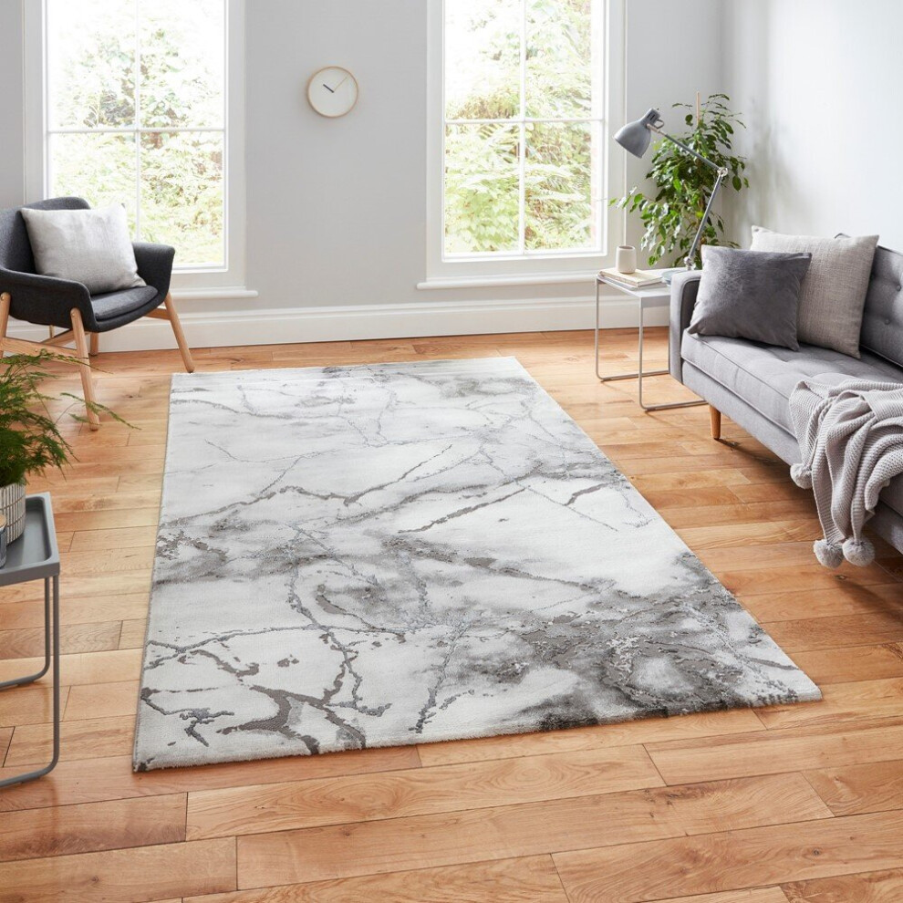 (200x290cm) Craft 23270 Marble Effect Rugs in Ivory Silver Dense Soft Mats