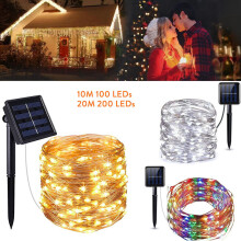 (10 m 100 LED, blanc chaud) Guirlande lumineuse solaire LED de 10 m et 20 m, éclairages féériques pour décoration de Noël