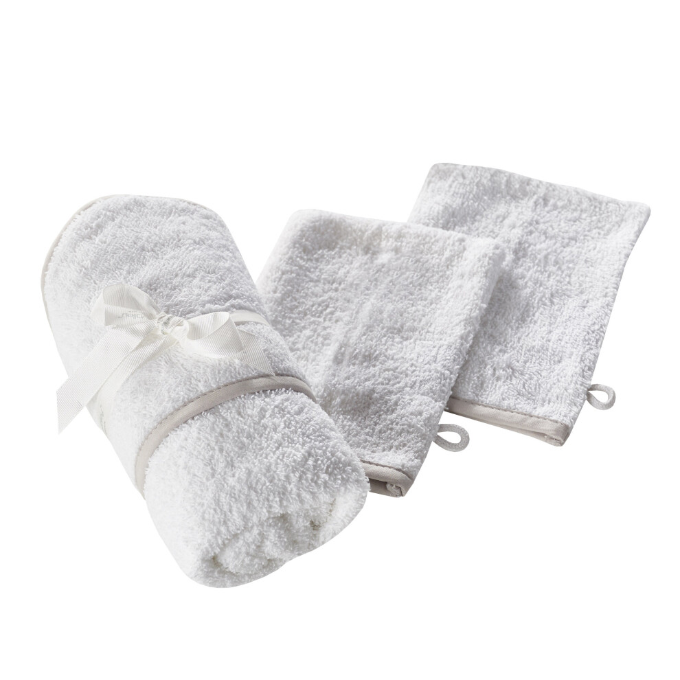 White Baby Hooded Towel and Wash Mitt 2 pack | 100% Cotton Soft & Absorbent