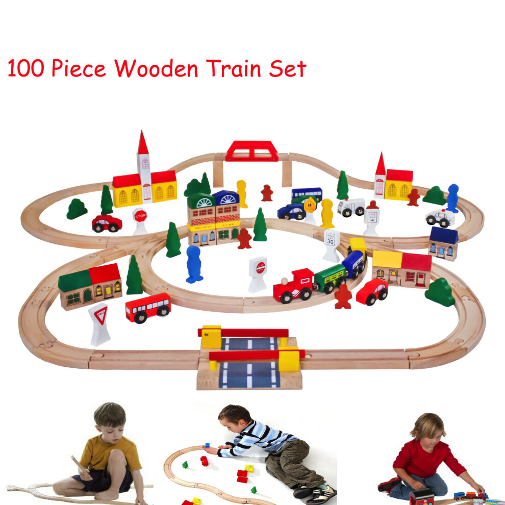 Kids Wooden Train Set - 100 Pieces Kids Children City Traffic Scene Building Toy