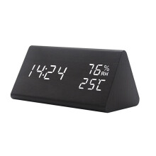 (Black Wood White) Digital Electronic Clock Alarm Triangle Wood LED