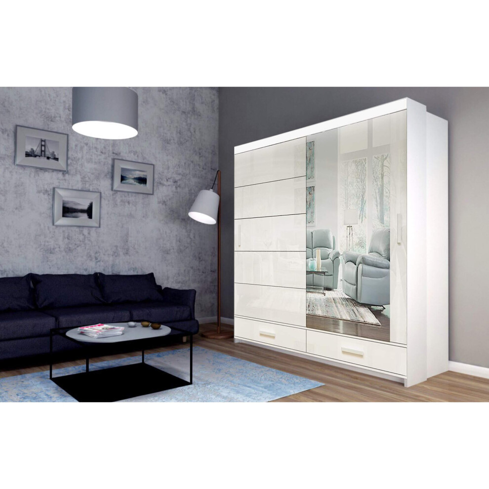 (White, 205cm) Modern Bedroom High Gloss Sliding door Wardrobe 2 Sizes 3 Colours with Long LED