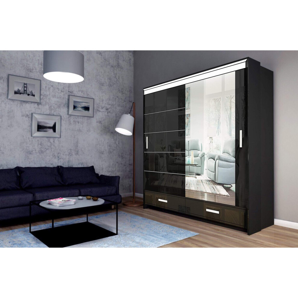 (Black, 205cm) Modern Bedroom High Gloss Sliding door Wardrobe 2 Sizes 3 Colours with Long LED