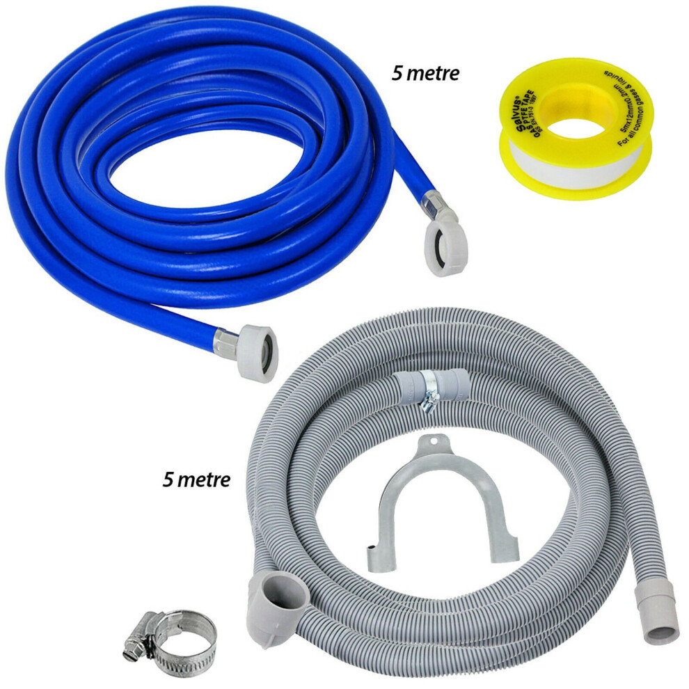 Fill Hose + Drain Hose Extension + PTFE Tape Set Universal Washing Machine & Dishwasher 5m + 5m