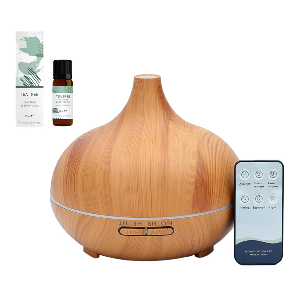 Electric Aroma Diffuser & Tea Tree Essential Oil Bundle | 7 LED Colours | Light Wood Effect | 500ml & 1H/3H/6H Timer | Remote Control Included