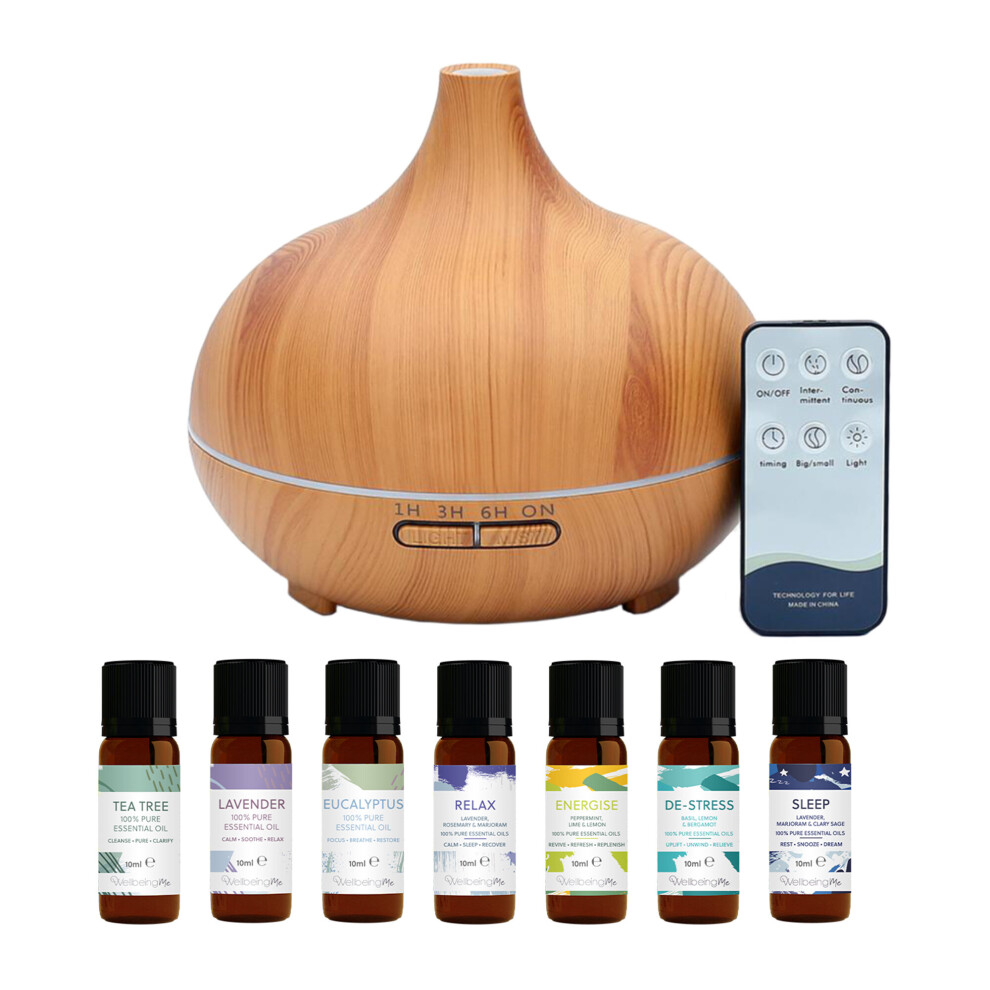 Electric Aroma Diffuser & Seven 100% Pure Essential Oils | 7 LED Colours | Light Wood Effect | 500ml Capacity & 1H/3H/6H Timer