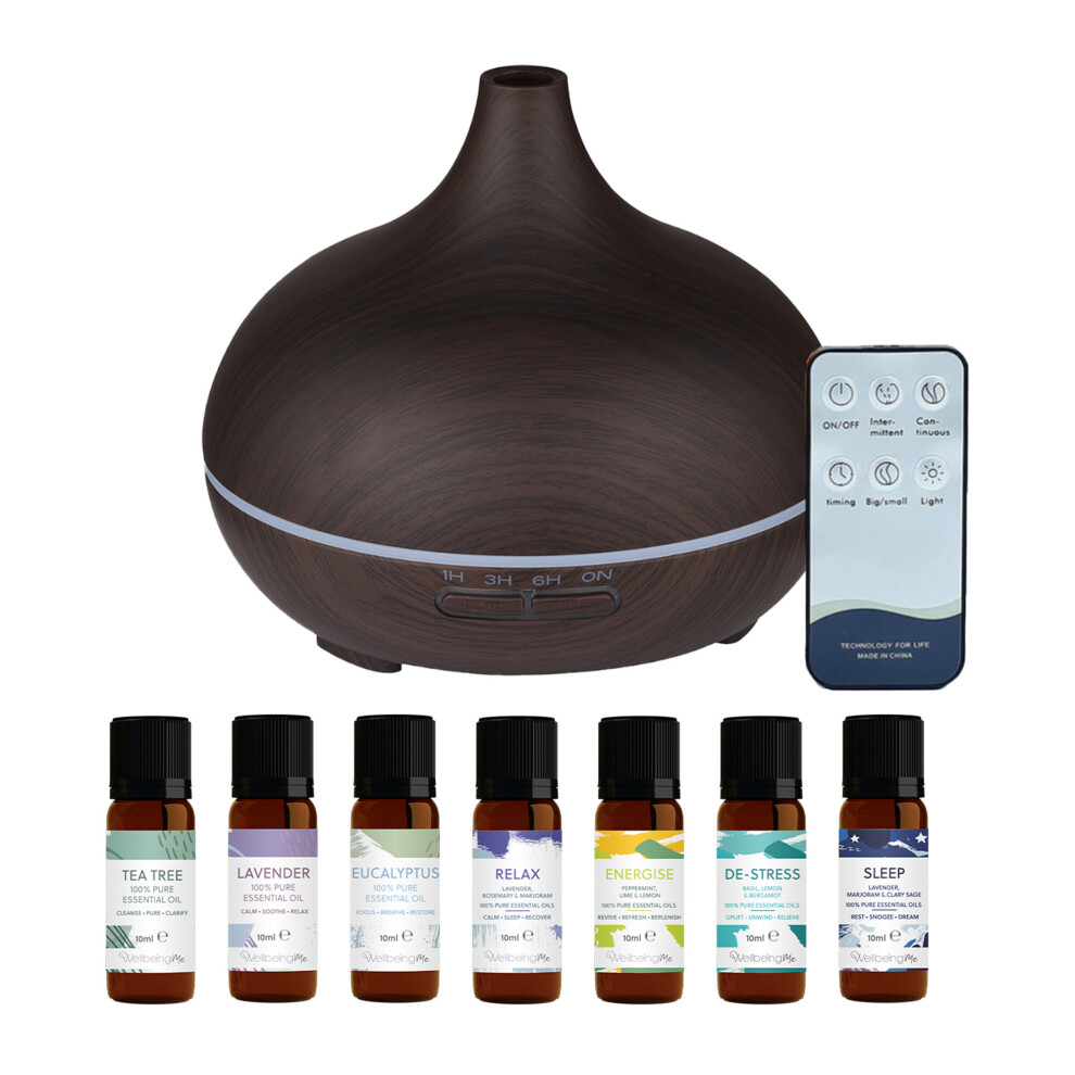 Electric Aroma Diffuser & Seven 100% Pure Essential Oils | 7 LED Colour Options | Dark Wood Effect | 500ml Capacity & 1H/3H/6H Timer