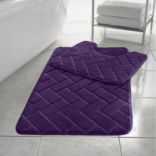 (Plum ) Memory Foam Block Bath Mat Set Non Slip Bath Mat