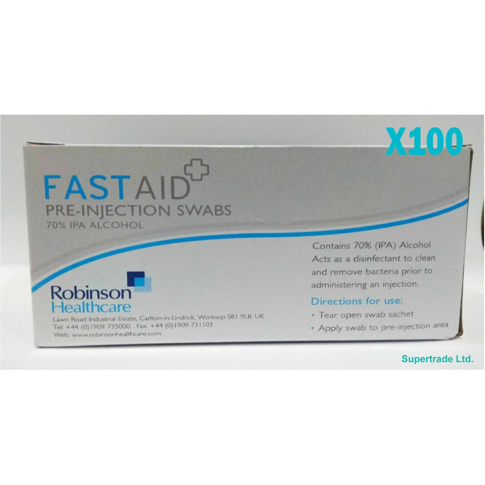 FastAid Pre-Injection Swabs - 70% Isopropyl Alcohol (IPA) Pack of 100 (X 5 Packs)