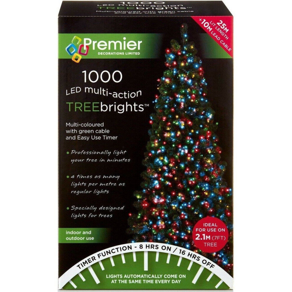 Premier Treebright 1000 Multi Colour Led Christmas Lights With Timer - 25M