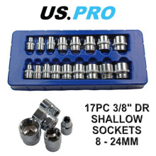 US PRO 17pc 3/8 in Drive Shallow Socket Set 6-Point Metric 8-24mm (1376)