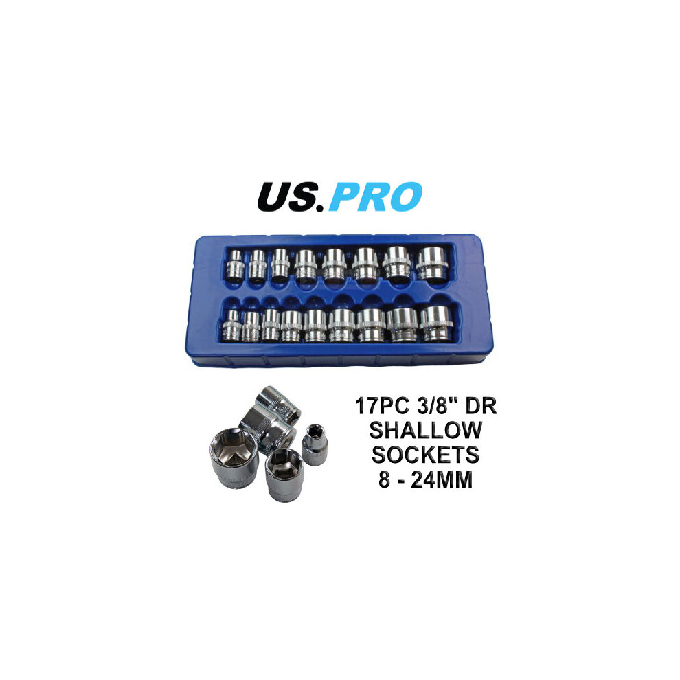 US PRO 17pc 3/8 dr Shallow Sockets Set, Socket 6 Point 8-24mm 1376