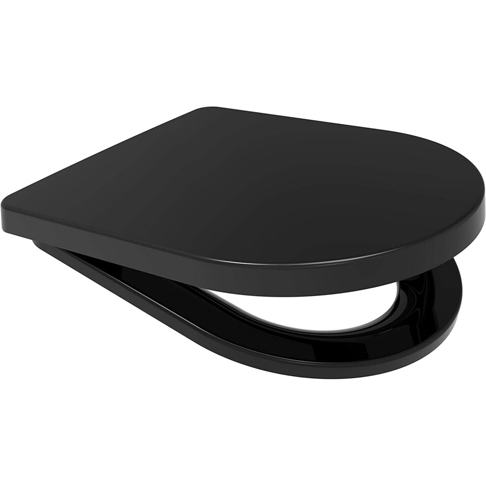 (Black) Middle D Shape Toilet Seat Soft Close Quick Release  360 x 449mm