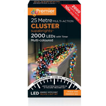 Premier flerfargede 2000 LED-klynge julelys med timer - 25 m
