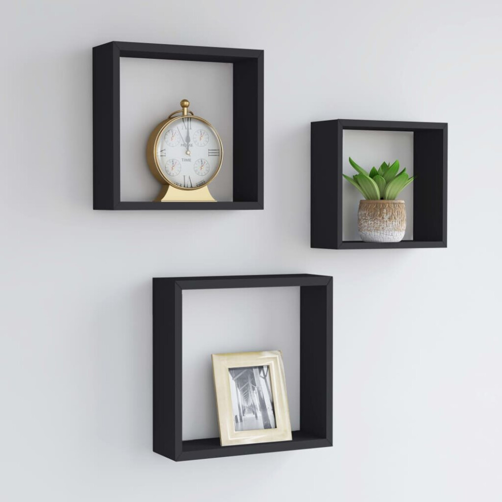 Vidaxl 3X Wall Cube Shelves Black Mdf Floating Display Storage Unit Bookcase