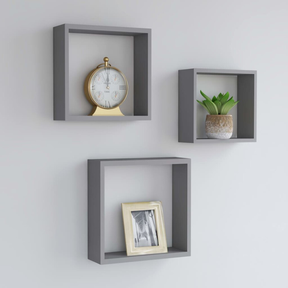 Vidaxl 3X Wall Cube Shelves Mdf Floating Display Storage Unit Bookcase Grey