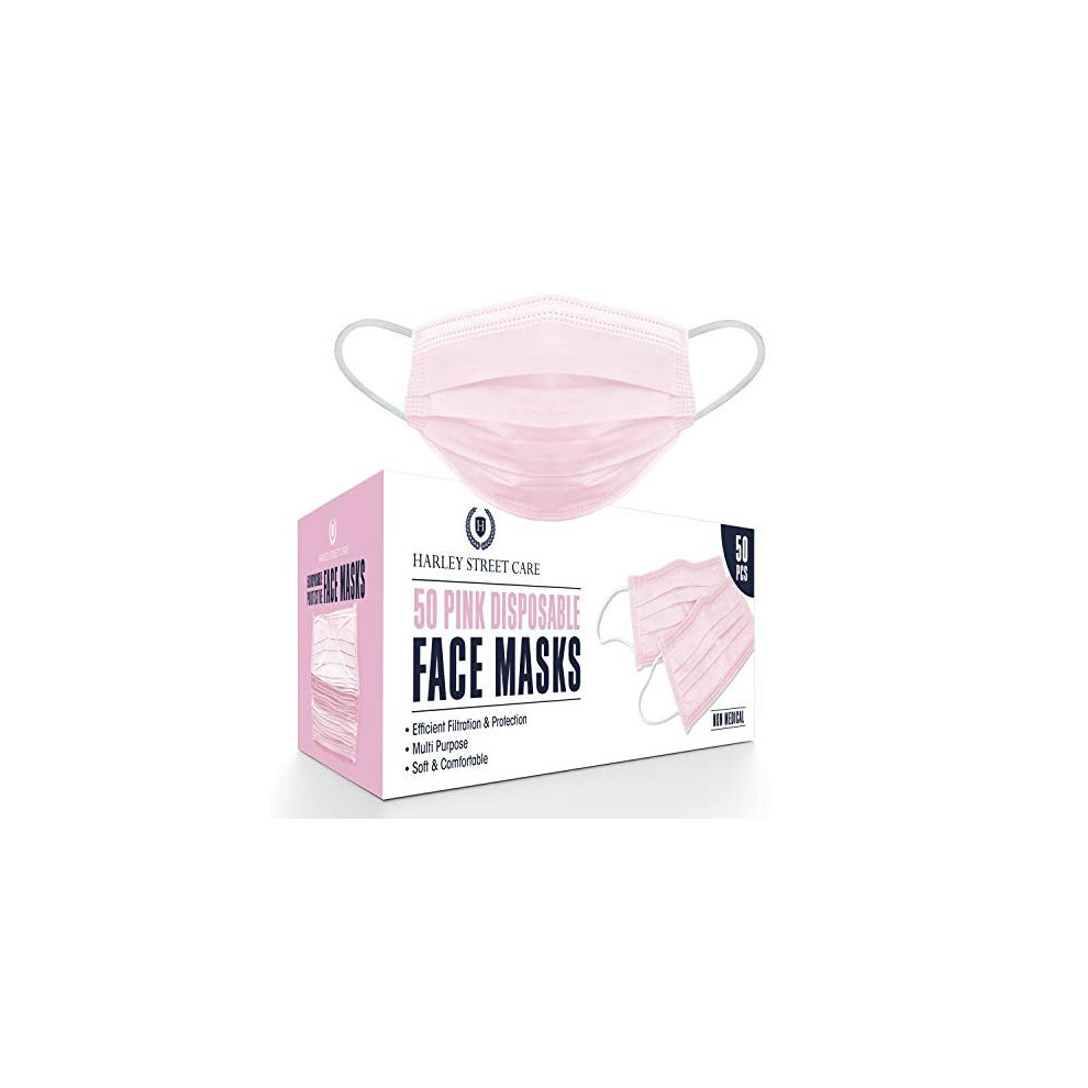 Harley Street Care Disposable Pink Face Masks Protective 3 Ply Breathable Triple Layer Mouth Cover with Elastic Earloops - Box of 50