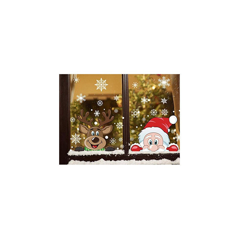 FINGOOO 74 pieces Peeping Santa and Rudolph- Christmas Window Cling Snowflake Decal Window Decoration, 6 Sheet (Peeping Santa Rudolph)